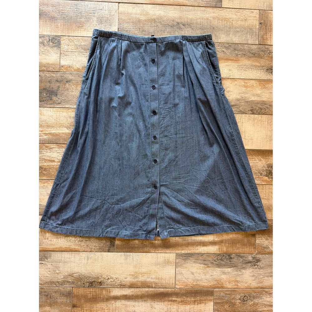 EILEEN FISHER SOFT BUTTON DOWN CHAMBRAY MIDI SKIRT SZ XL cotton, A-Line ,Organic